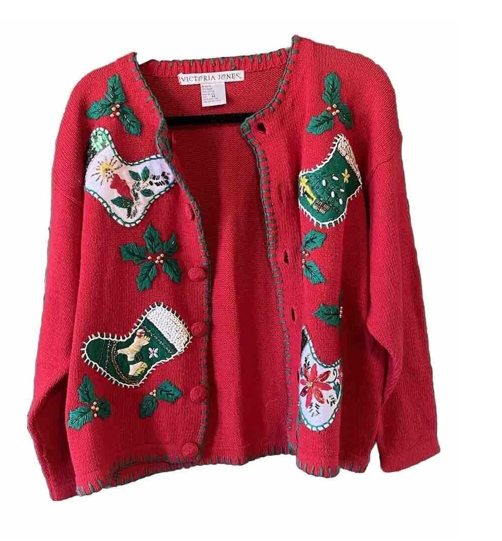 Victoria Jones Sweater Womens Size Medium Vintage Christmas Holiday Cardigan